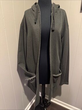 Z Zara dark gray long open front raw edge hoodie cardigan/jacket/duster. Small.